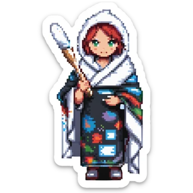 sick artist wrapped in a blanket holding a paintbrush sticker