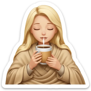 Blonde girl long hair inside a beige blanket sipping coffee eyes closed sticker