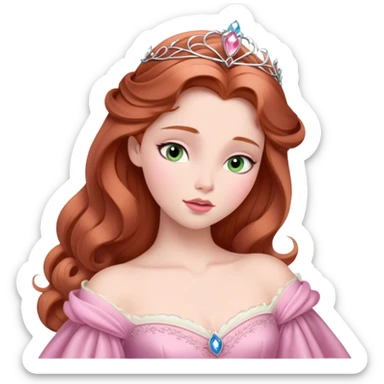 Cinematic Elegant Sleeping Beauty Portrait Emoji, rendered in a realistic, vector-style with minimal shading and bold, simplified shapes. Depict Aurora (Sleeping Beauty) (chest and above) with delicate porcelain skin, soft auburn hair styled gracefully, and gentle, dreamy eyes, dressed in her classic pink gown. The image glows with a soft, enchanting radiance and high shine, capturing timeless regal beauty. sticker
