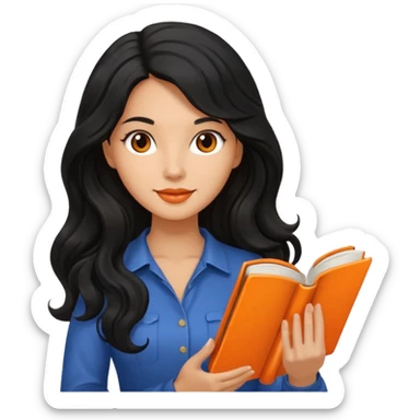 Long Hair Women with orrange Book, Black wavy hair sticker