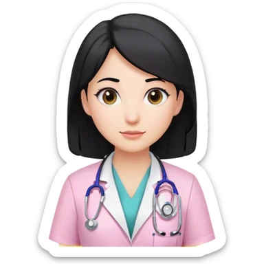 A female doctor with black hair wearing white lab coat over pink scrubs and stethoscope  sticker