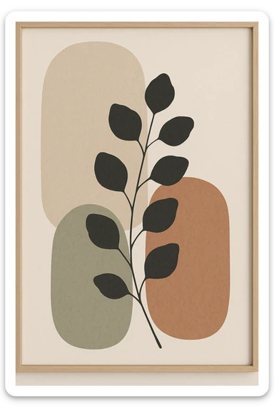 abstract botanical wall art, minimalist scandinavian style, large rounded organic shapes, eucalyptus branch silhouette, neutral earth tones (beige, sage, terracotta), subtle paper texture, modern interior decor, full bleed composition --v 6 --ar 3:4 --q 2 --style 4a sticker