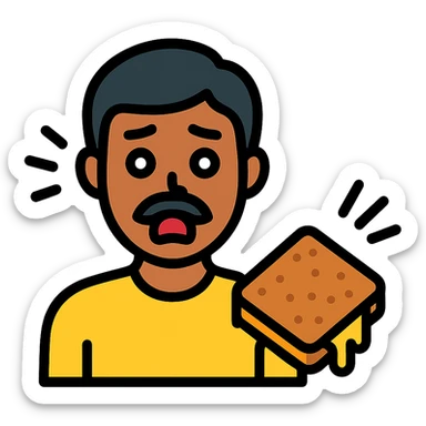 A South Asian man with a mustache, looking shocked as a grilled cheese sandwich falls to the floor, simple bold illustration sticker