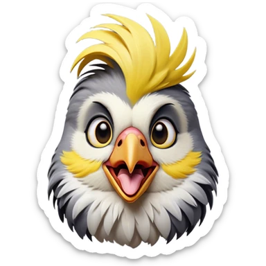 Cinematic Comical Cockatiel Portrait Emoji, Head tilted dramatically with an exaggeratedly amused expression, featuring a striking grey fur with bold yellow accents and a flamboyant crest, wide, expressive dark eyes filled with playful disbelief, Simplified yet hilariously expressive features, highly detailed, glowing with a slightly sassy glow, high shine, dramatic yet playful, stylized with an air of cheeky mischief, bright and endearing, soft glowing outline, capturing the essence of a spirited and over-the-top cockatiel, so meme-worthy it feels like it could side-eye its way into internet fame instantly! sticker