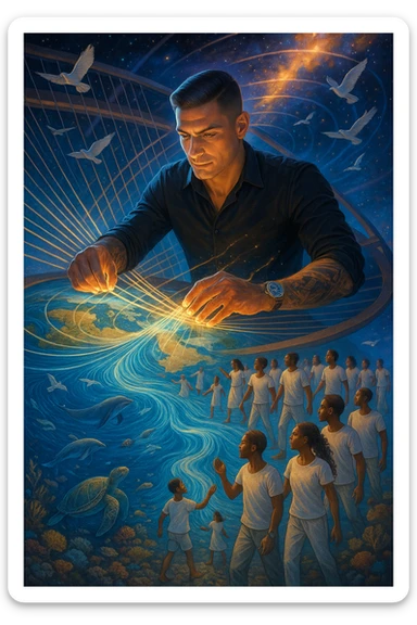 Uomo del 2030 al telaio gigante cosmico che tesse il destino del pianeta con fili di cotone stellare, ogni fibra naturale che intreccia ripara una parte dell'ecosistema terrestre, dita che brillano mentre guidano i fili di cotone attraverso dimensioni parallele, tessuto che si estende dall'atmosfera fino alle profondità marine, creature marine che nuotano attraverso le onde del tessuto acquatico, uccelli che volano seguendo i pattern del tessuto aereo, humanity unita che indossa vestiti di cotone e partecipa alla grande tessitura collettiva della salvezza planetaria sticker