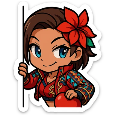 Azucena from Tekken 8 in chibi sticker style, peeking from behind a wall with a mischievous expression, wearing the detailed red and patterned outfit from the reference images, designed for Twitch emote use. sticker