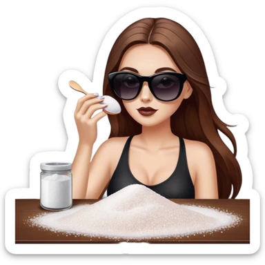 White woman with long brown hair and dark sunglasses sprinkling table salt on top of makeup sticker