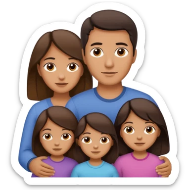 Family portrait with father with dark brown hair and black eyes, mother with light brown hair and brown eyes, three brown little girls with brown eyes sticker