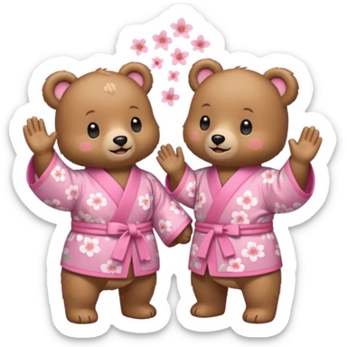 Two cute light-brown bears wearing pastel pink sakura-patterned kimonos, normal balanced body ratio.  
Facing each other and giving a joyful high-five with happy smiling faces and small spark effects.  
Kawaii emoji style, minimalistic clean sticker illustration, white background. sticker