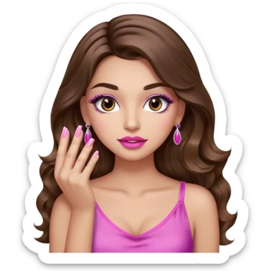 girl with long wavy brown hair, brown eyes, light to medium complexion, in a pink sexy top, pink lips, long lashes, puckered lips, showing my manicure sticker