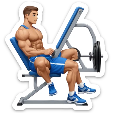 side-view bodybuilder in blue shorts seated weighted calf-raise machine on his tip toes sticker