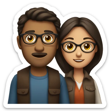 a dark-haired woman and a bespectacled brown-haired man holding her sticker