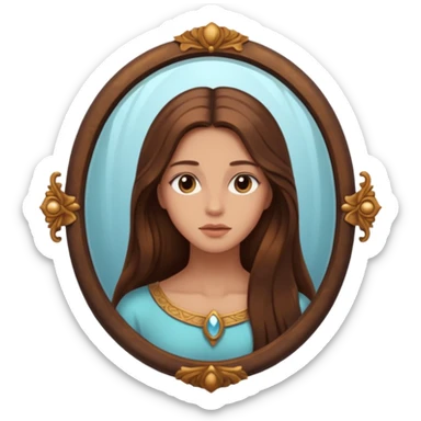 Woman facing ancient mirror, reflection slightly delayed and darker sticker