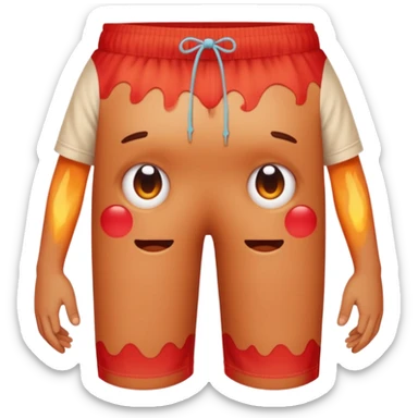 Emoji-style person in beach shorts, skin visibly sunburned and red on arms, legs, and face Expression shows mild pain or discomfort, cute rounded emoji desig sticker