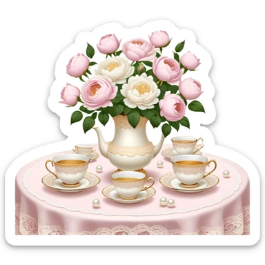 An enchanting garden tea party setting with a vintage lace tablecloth, golden-rimmed porcelain teacups, a centerpiece of light pink roses and white peonies in a pearl-trimmed vase, with delicate pearl butterflies flitting through the soft sunlight.
 sticker