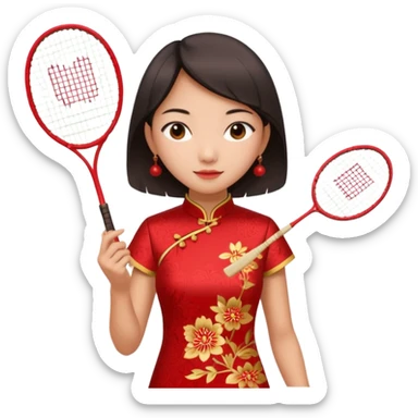 ancient cheongsam girl with 1 badminton racket, red sticker