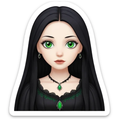 long black hair, green eyes, pale skin, a Gothic dress sticker
