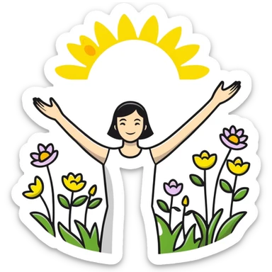 A joyful person with arms spread wide, surrounded by spring flowers and sunshine sticker