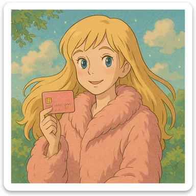 blonde girl with long hair, pink fur, holding a pink credit card, ghibli style sticker