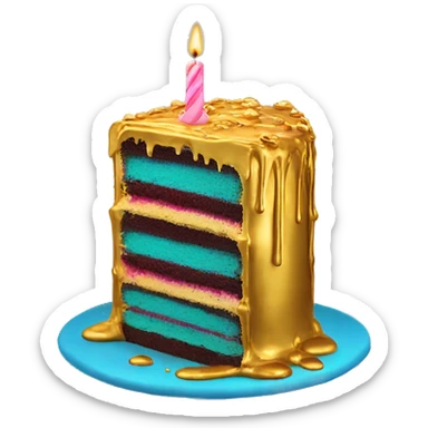 Realistic isolated colorful cake with metallic gold icing dripping from top and all down along the cake sticker