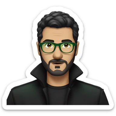 arabic looking man with black hair and small beard with green tinted glasses and black shirt and black trench coat sticker