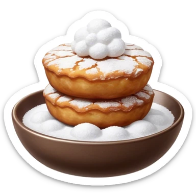 Buñuelo Cinematic Realistic Buñuelo Dessert Emoji, depicted as perfectly round, fluffy fritters served in a small bowl with a dusting of powdered sugar, rendered with vibrant textures and warm, inviting lighting. sticker