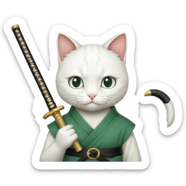 un gato blanco con reeferencia a roroa zoro "una espada en cada mano y una en la boca sticker