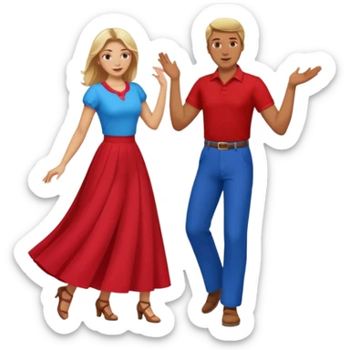 Two people dancing. Man in red shirt and  red pants with brown hair. Women in blue shirt and long skirt with blond hair. Dancing. sticker