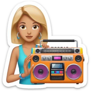 woman holding colorful boombox sticker