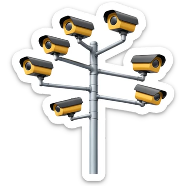 Multiple CCTV cameras on a pole in black facing individual different directions  sticker