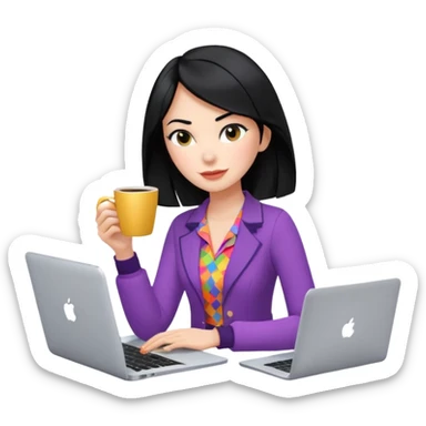  woman character with laptop and coffee in Paris, dollars coming out from the screen floating, colorful chic outfit, white laptop, Pixar style, black hair, fair skin,  sticker
