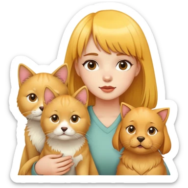 Girl with yellow bangs surrounded by golden retriever and three cats sticker
