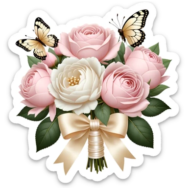 A vintage-inspired wedding bouquet of blush pink roses and fluffy white peonies, tied with an intricate ivory satin ribbon, surrounded by golden filigree accents and soft-focus pearl butterflies fluttering around. sticker