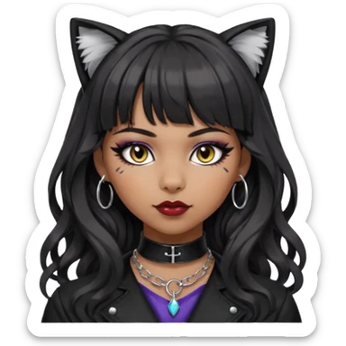 Keep the silver O-ring, bangs, bold makeup, medium Hispanic skin tone, long dark wavy hair, cat ears, and BDSM-inspired outfit. Remove any apple or bow. Maintain the apple emoji style with a transparent background. sticker
