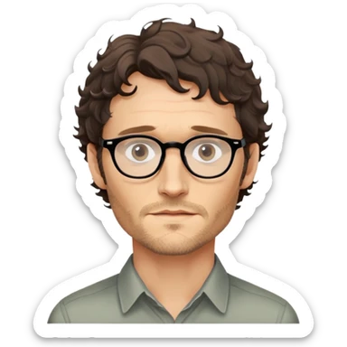 Will Graham from NBC show Hannibal, played by Hugh Dancy. Will Graham has medium curly hair, wears glasses and has LIGHT stubble, no mustache.  sticker