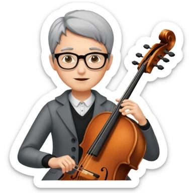 an emoji of my mum playing the cello, she has short black-ish gray hair, wears glasses, she is small sticker
