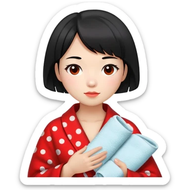 girl with black bob-cut hair, black and red dotted coat, Chinese appearance, holding a towel, looking like a masseuse sticker