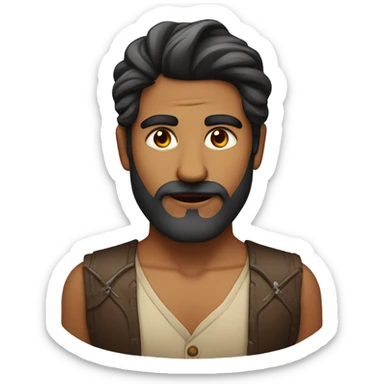 indian man with middle parted wavy hair swept to the sides, he has thick eyebrows, high cheekbones, hollow cheeks, handsome, faint mustache and some chin beard, balbo beard. sticker
