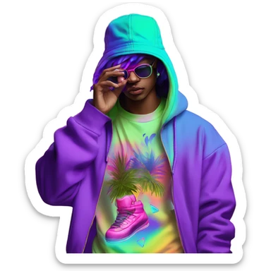 Multicoloured neon person smoking wearing hoodie dancing hip hop bucket hat tropical Skater fashion aesthetic baggy clothes graphic t shirt 420 sticker
