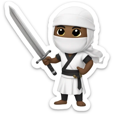 Masked Guy with dreadlocks dressed as a white ninja with a sword sticker