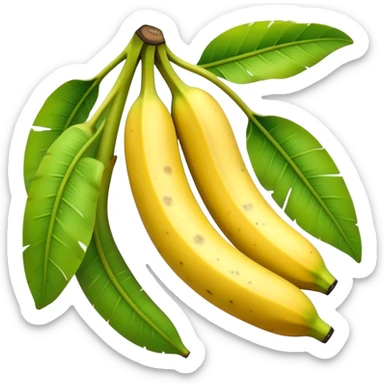 Cinematic Realistic Banana Emoji, Bright and cheerful, with a smooth, yellow peel slightly speckled with spots, revealing a soft, sweet interior. The banana is curved elegantly, standing out against the soft green leaves. Soft glowing outline, capturing the essence of tropical sweetness and energy in a ripe banana. sticker