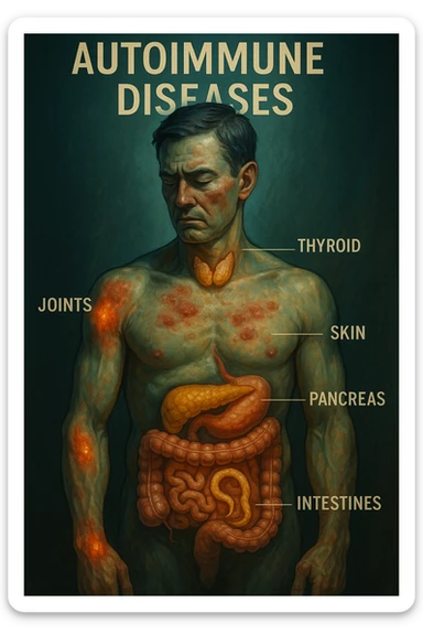 Create a vertical, cinematic, realistic medical illustration showing autoimmune diseases in the human body caused by intestinal parasites. Highlight specific organs affected by autoimmune reactions such as joints, skin, thyroid, pancreas, and intestines. Use dramatic clinical lighting with green-blue tones and warm yellow-orange accents, and natural depth of field. Maintain a 2:3 aspect ratio. sticker