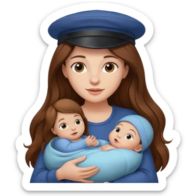 "Woman with long brown hair and fair skin holding a baby with a cap and fair skin." sticker