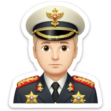 Russian military general in formal uniform with medals, epaulettes, and military hat sticker