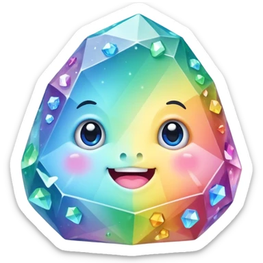 A single pastel rainbow crystal rock character, chubby and heavy with a chunky, irregular polygon shape,covered in faceted crystal planes and small chips, big glossy rainbow eyes and a small smiling mout sticker