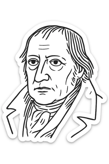 a hand drawn black outline portrait of philosopher Hegel with similar-sized eyes based a famous portrait of him sticker