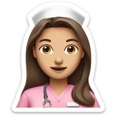 Nurse, woman, long brunette hair, pink scrubs sticker