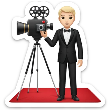 an actor standing on a red carpet with a formal tuxedo, with only one movie camera on a tripod next to him. sticker