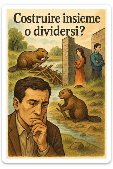 Vertical format: A man reflecting in front of two beavers building a dam together, while a human couple is separated by a wall, with Italian text: 'Costruire insieme o dividersi?'. sticker
