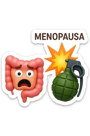 EMOJI STILE IPHONE 3D DI INTESTINO 3D CON ESPRESSIONE SPAVENTATA IN VOLTO MENTRE ACCANTO A LUI SCOPPIA UNA GRANATA 3D CON LA SCRITTA "MENOPAUSA" SOPRA, FAGLI ANCHE LA PARTE BIANCA DEGLI OCCHI, NON SOLO LA PUPILLA sticker